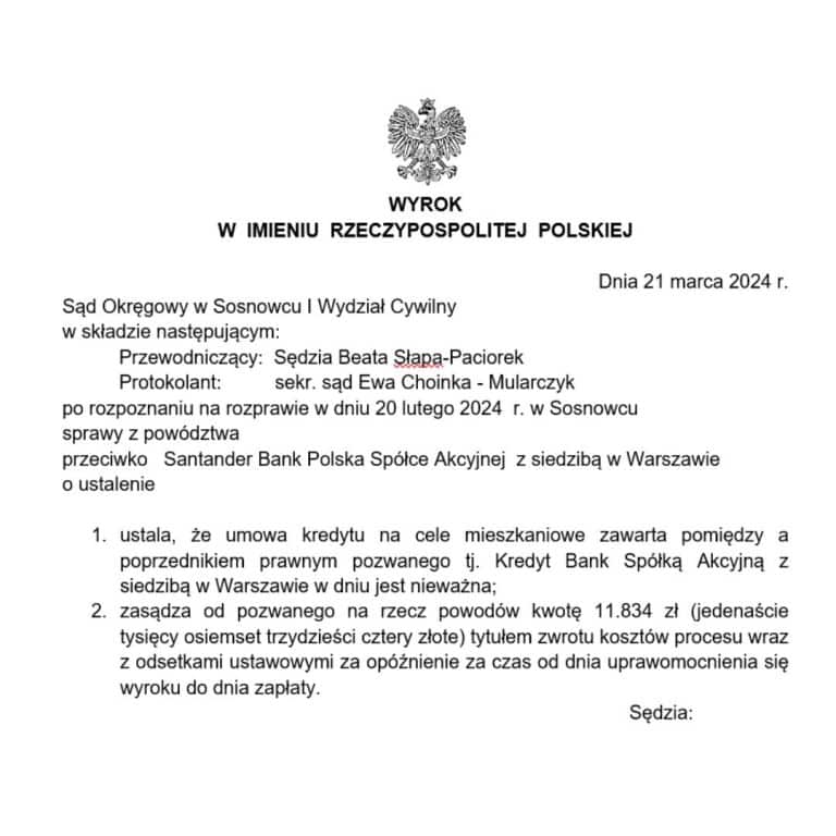 Wyrok frankowy przeciwko Santander Sąd Okręgowy w Sosnowcu