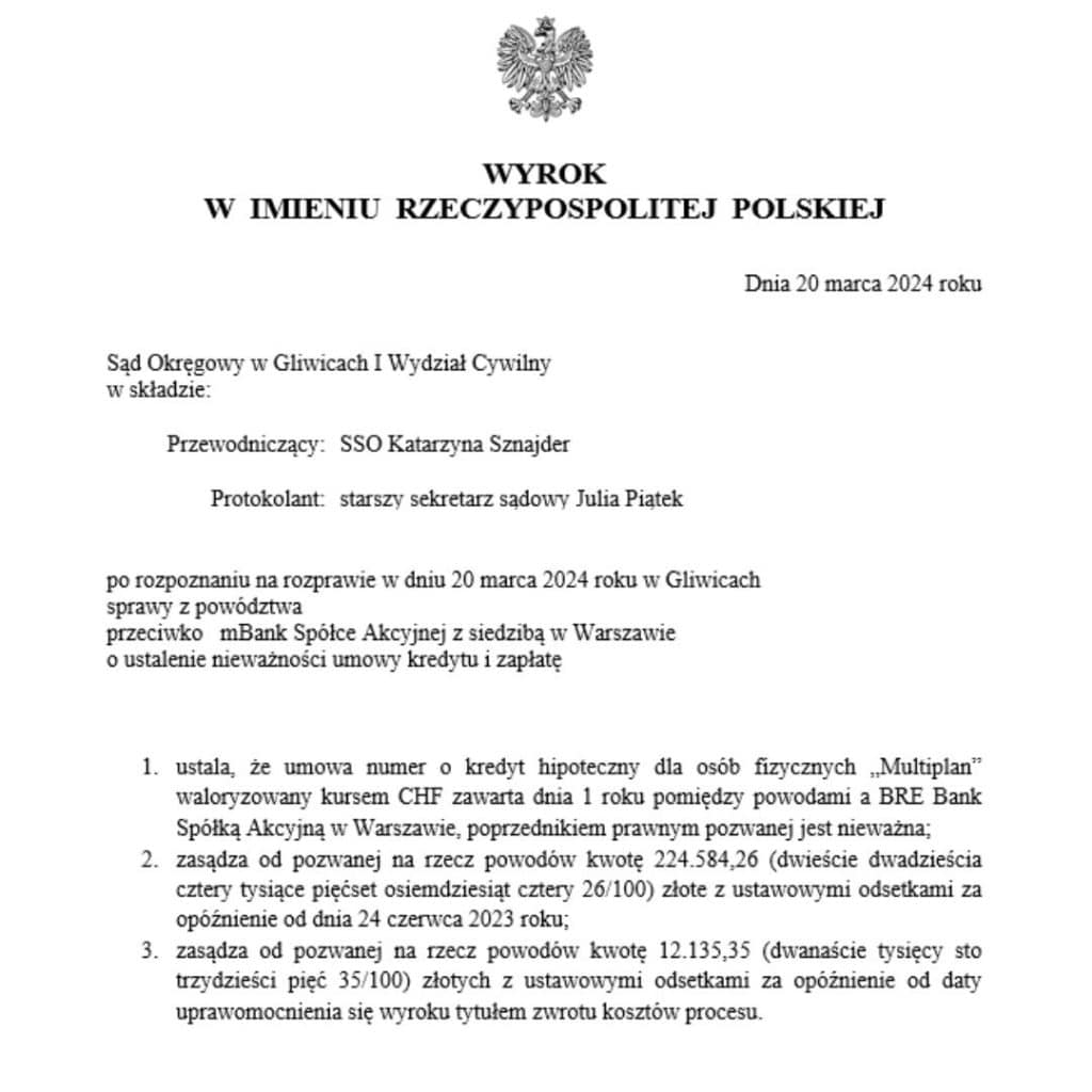 Wyrok frankowy przeciwko mBank Sąd Okręgowy w Gliwicach