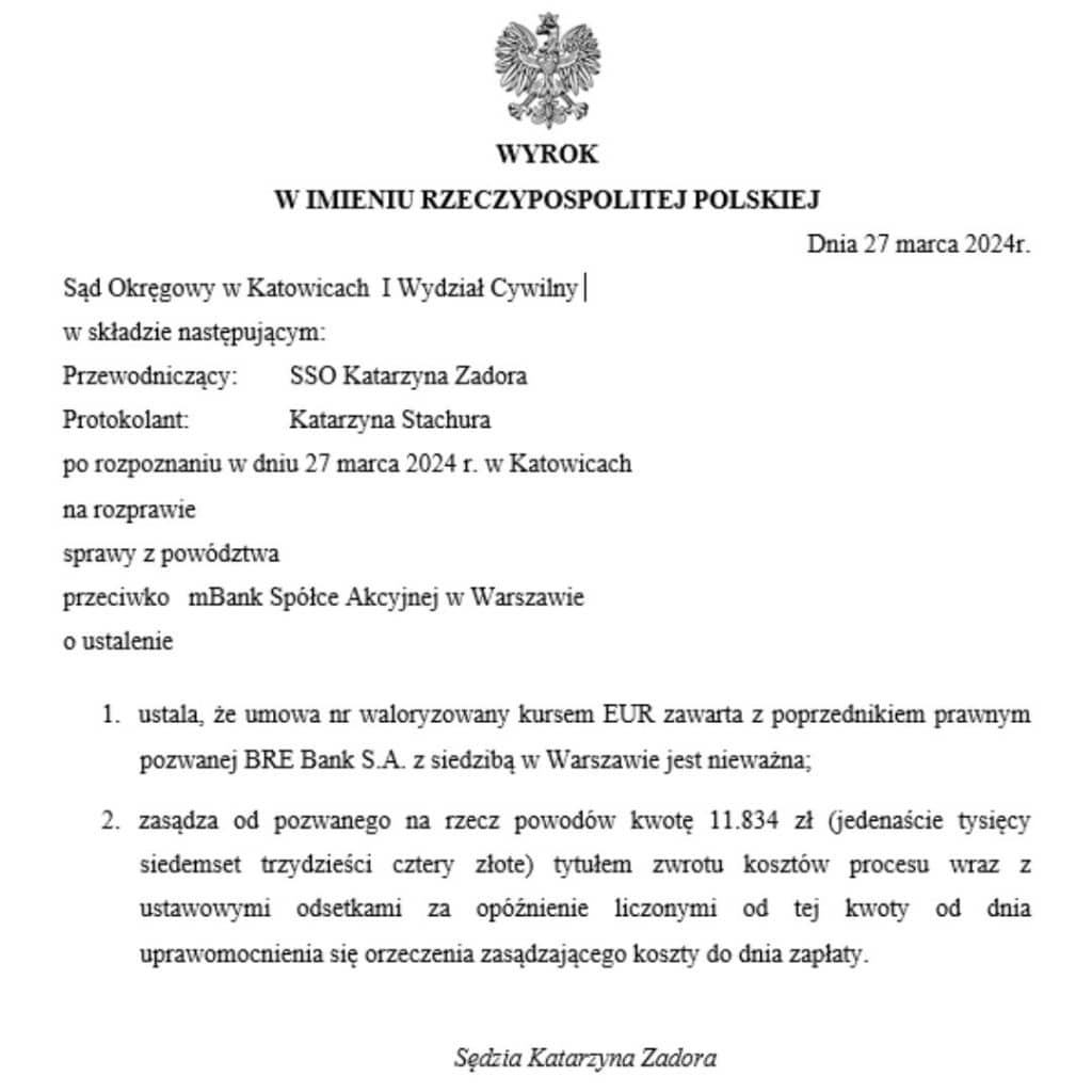Wyrok frankowy przeciwko mBank Sąd Okręgowy w Katowicach