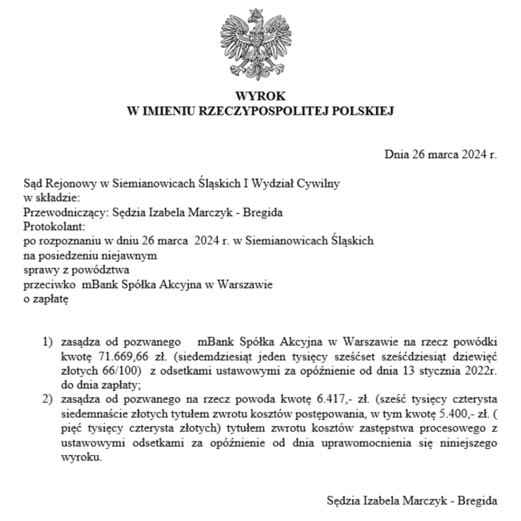 Wyrok frankowy przeciwko mBank Sąd Rejonowy w Siemianowicach Śląskich