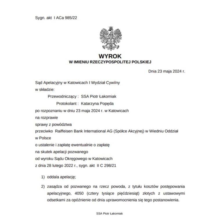 Wyrok Sądu Apelacyjnego w Katowicach przeciwko Raiffeisen Bank