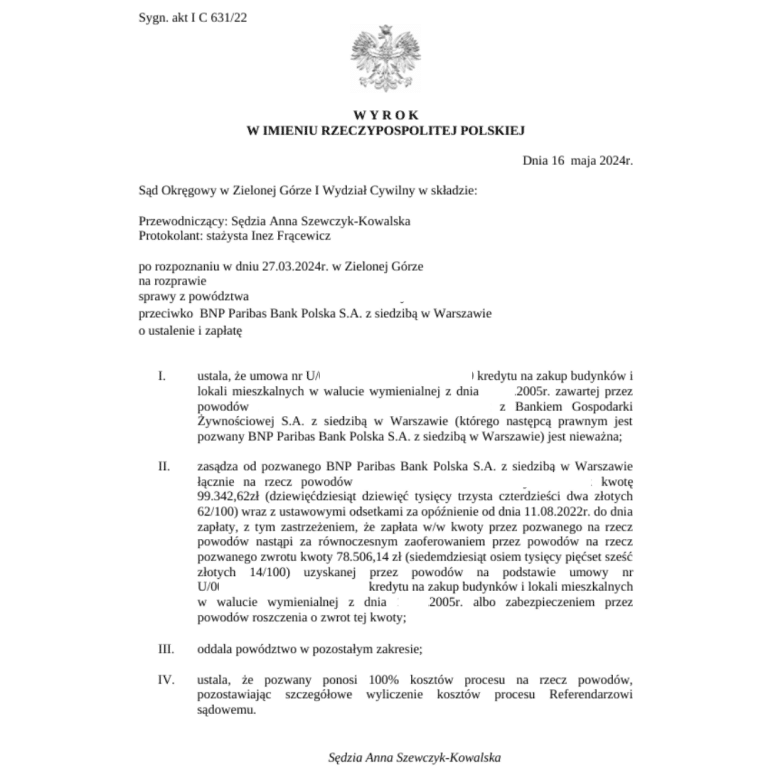 Wyrok frankowy przeciwko BNP Paribas Sąd Okręgowy Zielonej Górze
