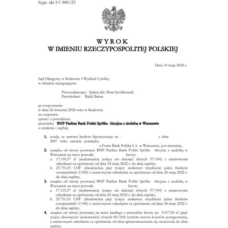 Wyrok frankowy przeciwko BNP Paribas Sąd Okręgowy w Krakowie