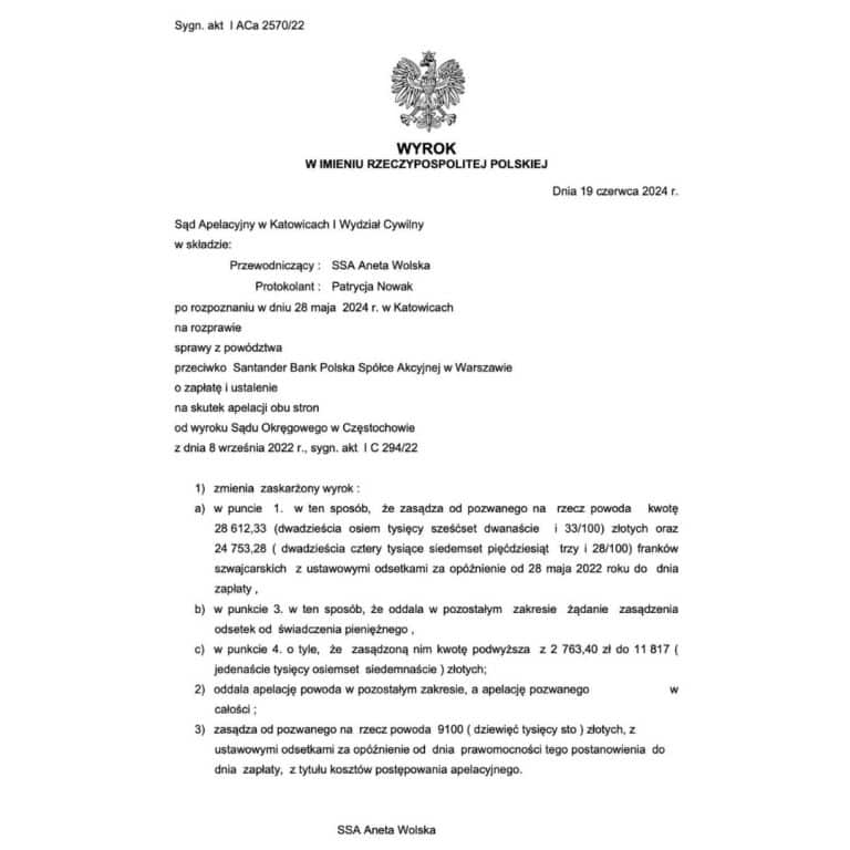 Wyrok frankowy przeciwko Santander Bank Polska S.A. Sąd Apelacyjny w Katowicach