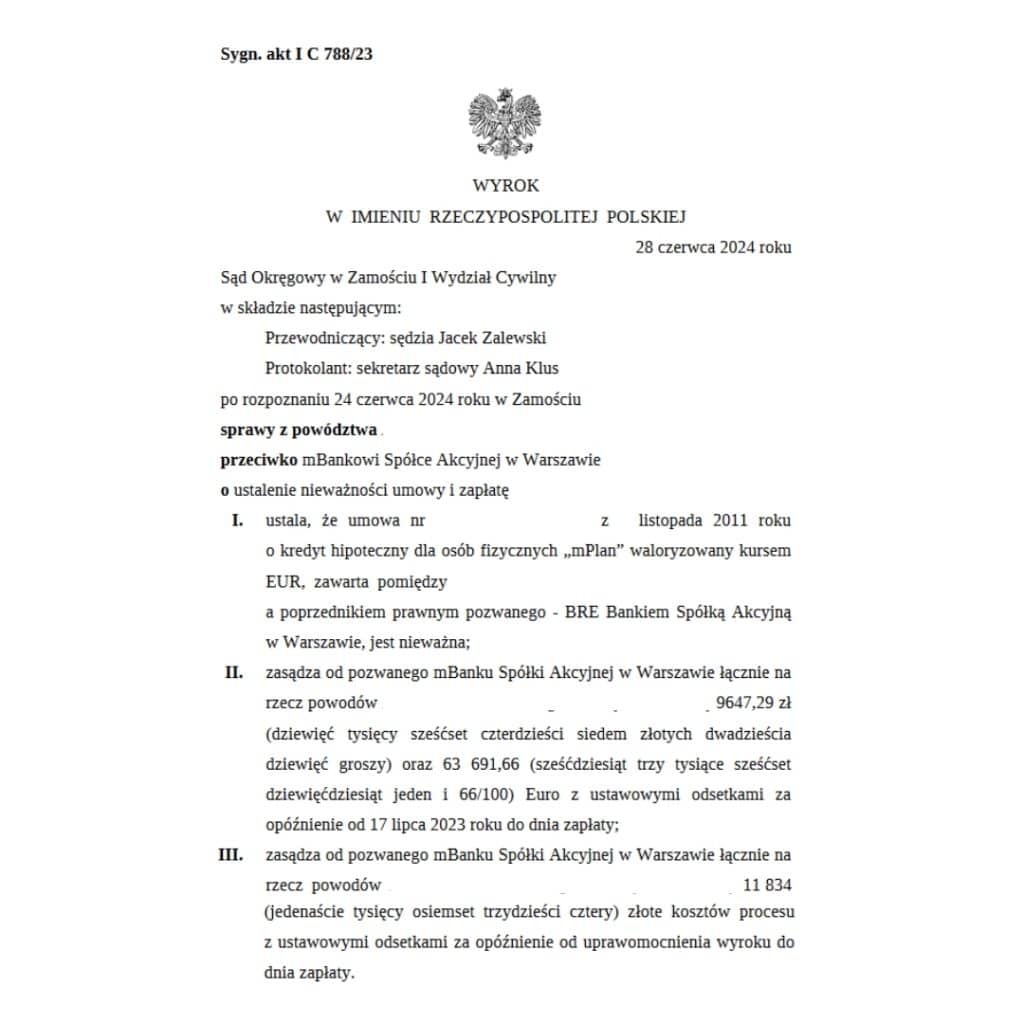 Wyrok EUR przeciwko mBank S.A. (dawniej BRE Bank Sąd Okręgowy w Zamościu