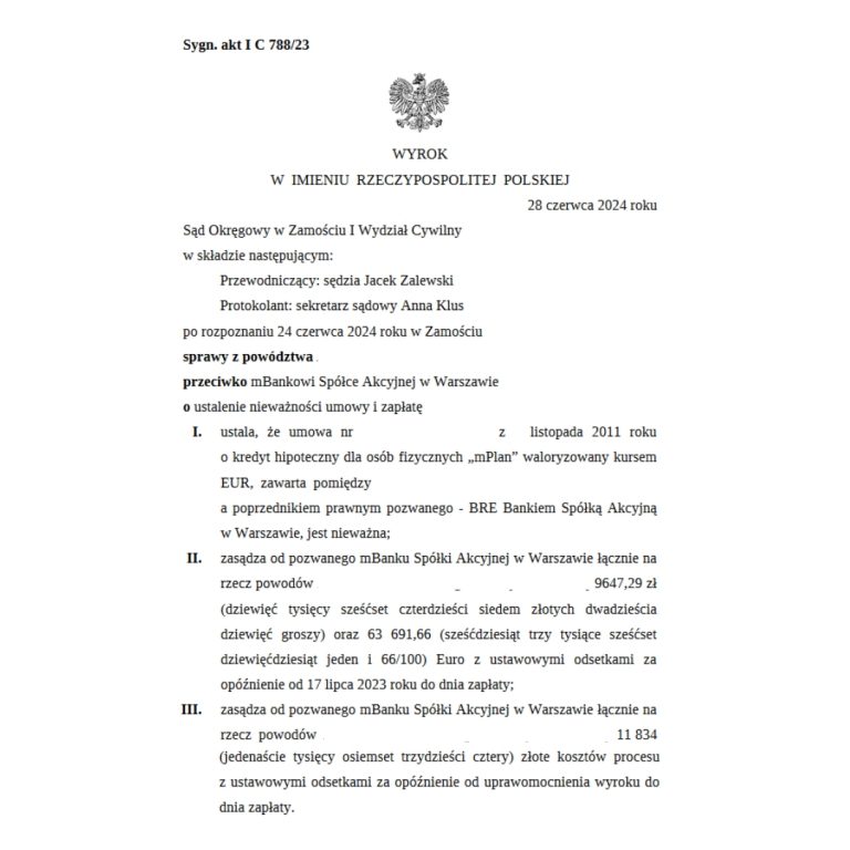 Wyrok EUR przeciwko mBank S.A. (dawniej BRE Bank Sąd Okręgowy w Zamościu