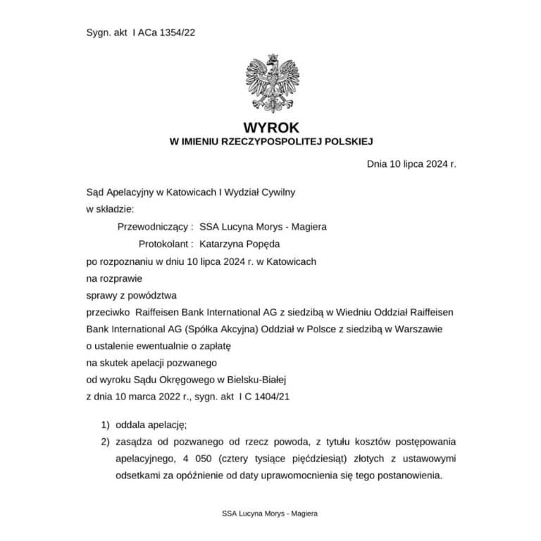 Wyrok Sądu Apelacyjnego w Katowicach przeciwko Raiffeisen Bank.