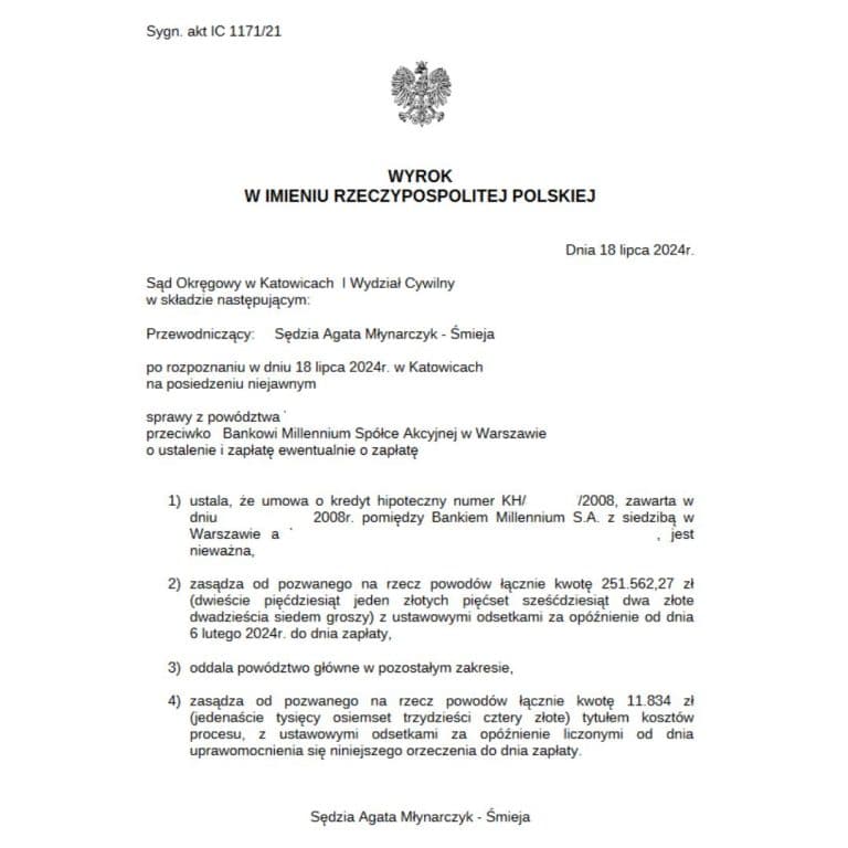 Wyrok frankowy Sąd Okręgowy w Katowicach przeciwko Millennium