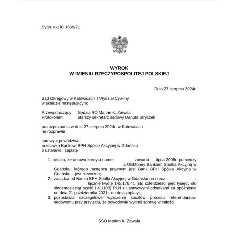 Wyrok frankowy przeciwko BPH Bank - Sąd Okręgowy w Katowicach