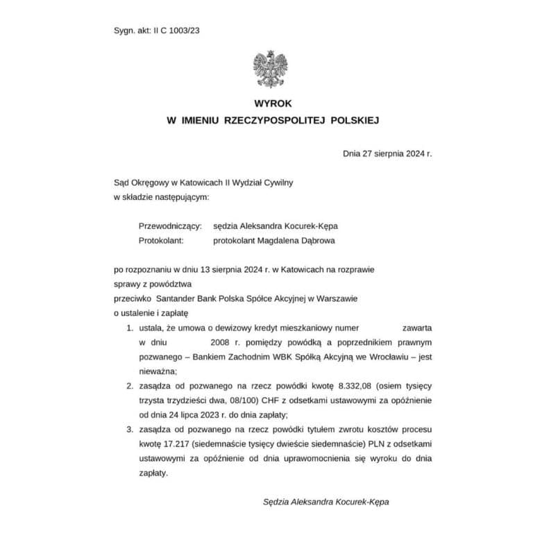 Wyrok frankowy przeciwko Santander (dawniej Bank Zachodni WBK) Sąd Okręgowy w Katowicach