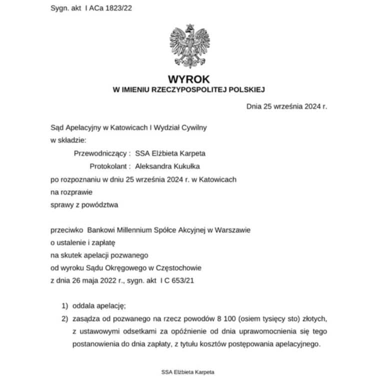 Wyrok frankowy Sądu Apelacyjnego w Katowicach przeciwko Bank Millennium