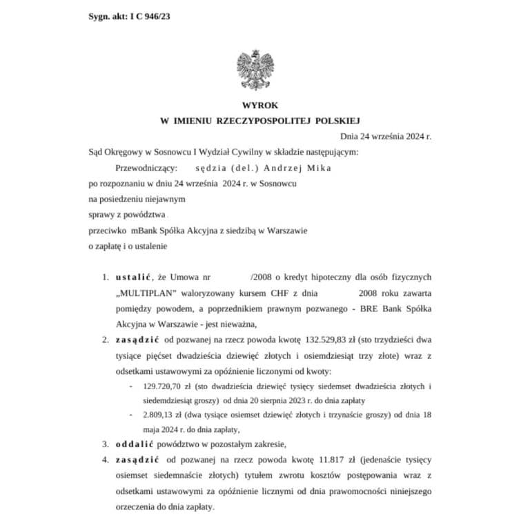 Wyrok frankowy Sądu Okręgowego w Sosnowcu przeciwko mBank S.A.