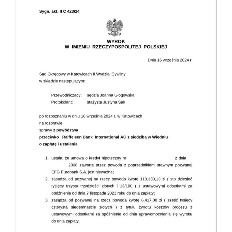 Wyrok frankowy przeciwko Raiffeisen Sąd Okręgowy w Katowicach