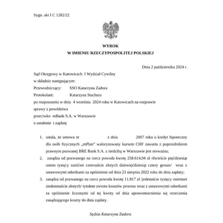 Wyrok Sądu Okręgowego w Katowicach dotyczący unieważnienia kredytu frankowego przeciwko mBank