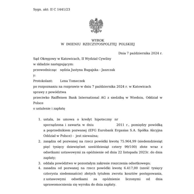 Wyrok Sądu Okręgowego w Katowicach unieważniający umowę kredytową w Euro przeciwko Raiffeisen Bank