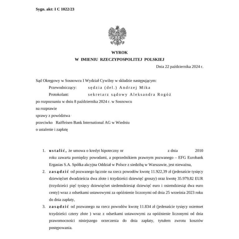 Wyrok Sądu Okręgowego w Sosnowcu unieważniający umowę kredytową w Euro przeciwko Raiffeisen Bank