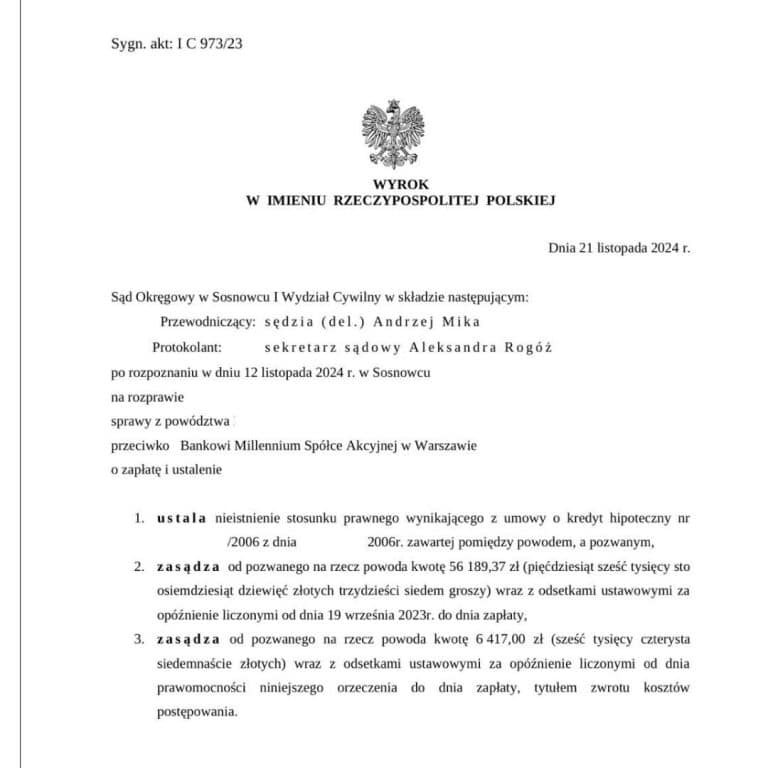 Wyrok frankowy przeciwko Bank Millennium Sąd Okręgowy w Sosnowcu