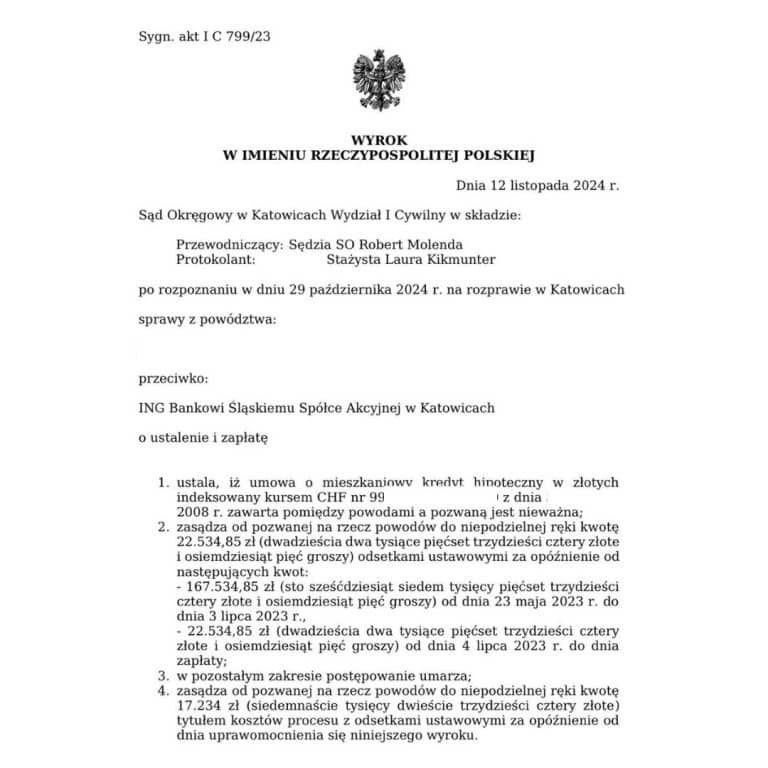 Wyrok frankowy przeciwko ING Bank Śląski Sąd Okręgowy w Katowicach