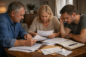 rodzina analizuje dokumenty spadkowe po śmierci bliskiej osoby przy stole w domu – realistyczna scena