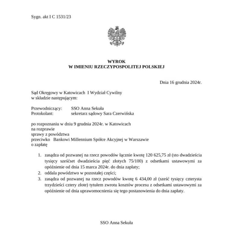 Wyrok Sądu Okręgowego w Katowicach przeciwko Bank Millennium
