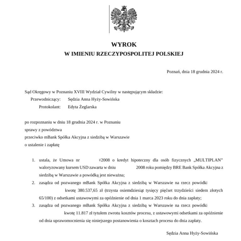Wyrok Sądu Okręgowego w Pozaniu przeciwko mBank SA unieważniający umowę kredytu waloryzowanego kursem USD