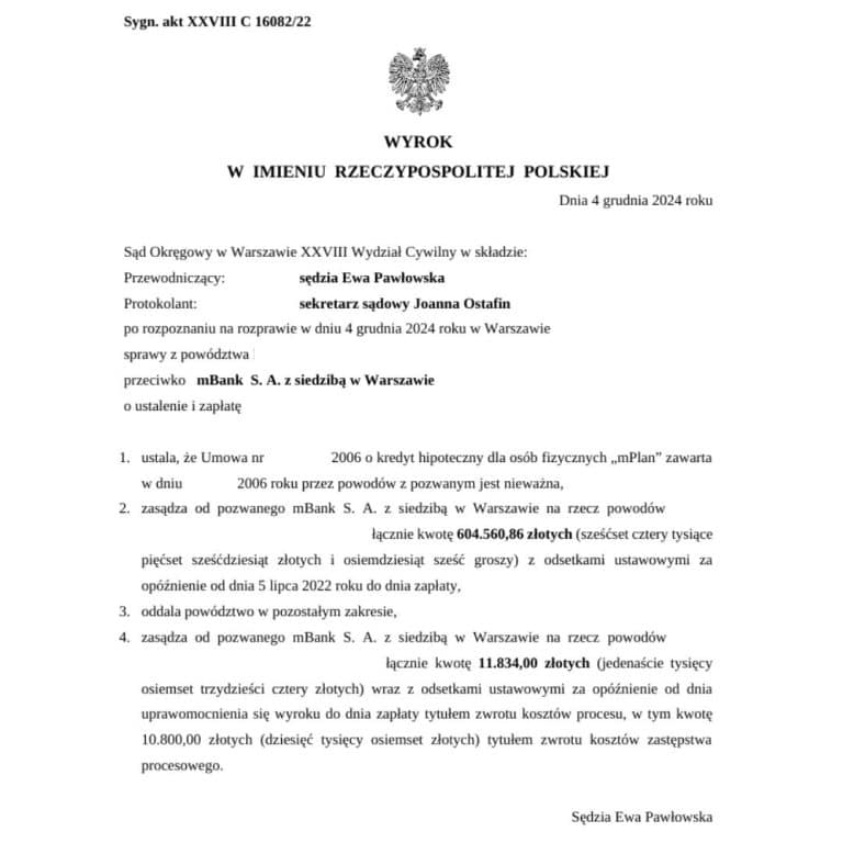 Wyrok frankowy Sądu Okręgowego w Warszawie przeciwko mBank