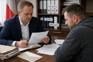 Rozmowa w kancelarii – klient omawia odmowę przyjęcia mandatu i dokumenty z prawnikiem, realistyczna scena w Polsce