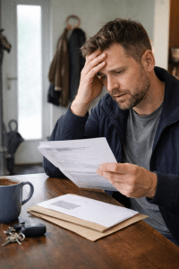 mężczyzna czyta list z ufg i łapie się za głowę przy stole
