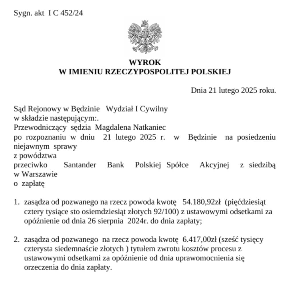 Wyrok SKD Sąd Rejonowy w Będzinie przeciwko Santander