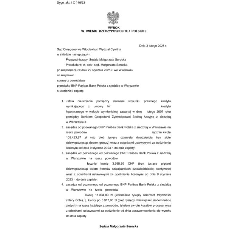 Wyrok frankowy przeciwko BNP Paribas Sąd Okręgowy we Włocławku