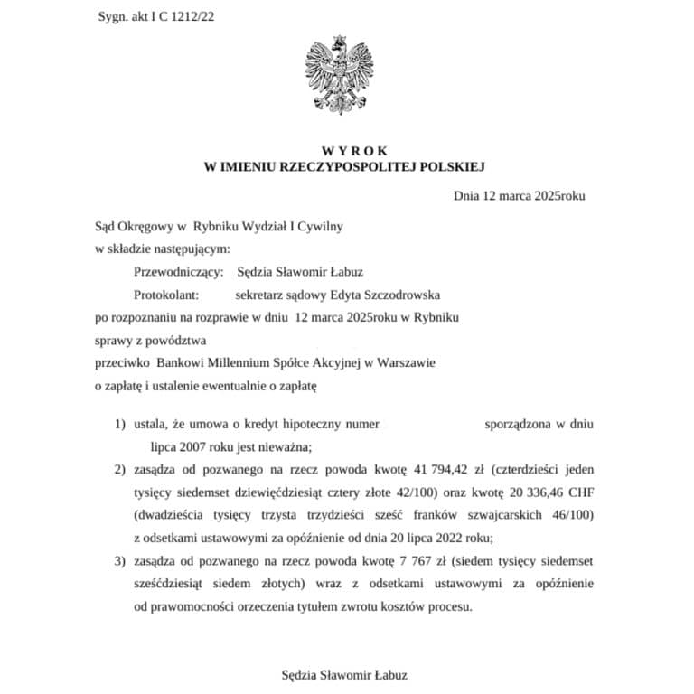 Wyrok frankowy przeciwko Bank Millennium Sąd Okręgowy w Rybniku