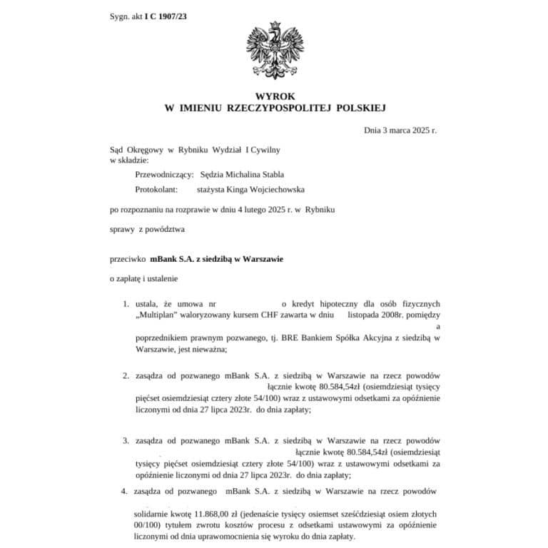Wyrok frankowy przeciwko mBank Sąd Okręgowy w Rybniku