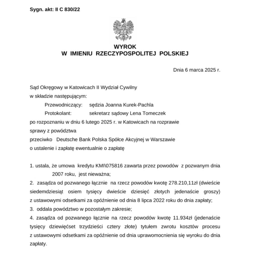 Wyrok kredyt EURO przeciwko Deutsche Bank Sąd Okręgowy Katowice