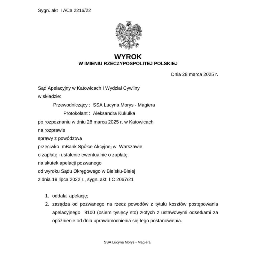 Wyrok prawomocny Sąd Apelacyjny Katowice przeciwko mBank