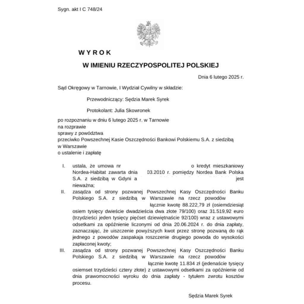 Wyrok unieważniający kredyt mieszkaniowy w EURO Sąd Okręgowy w Tarnowie przeciwko PKO BP