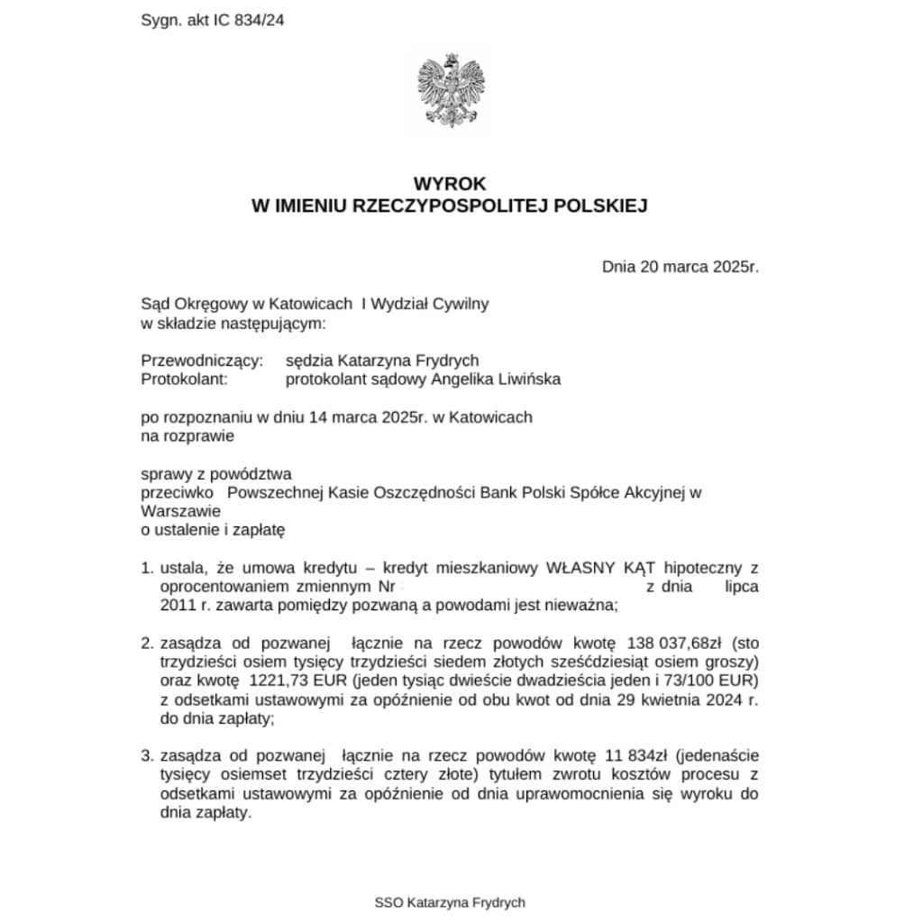Wyrok unieważniający umowę kredytową w EURO przeciwko PKO BP Sąd Okręgowy w Katowicach