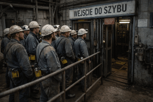 Górnicy czekający na zjazd z powodu opóźnionej zmiany – kopalnia w Polsce