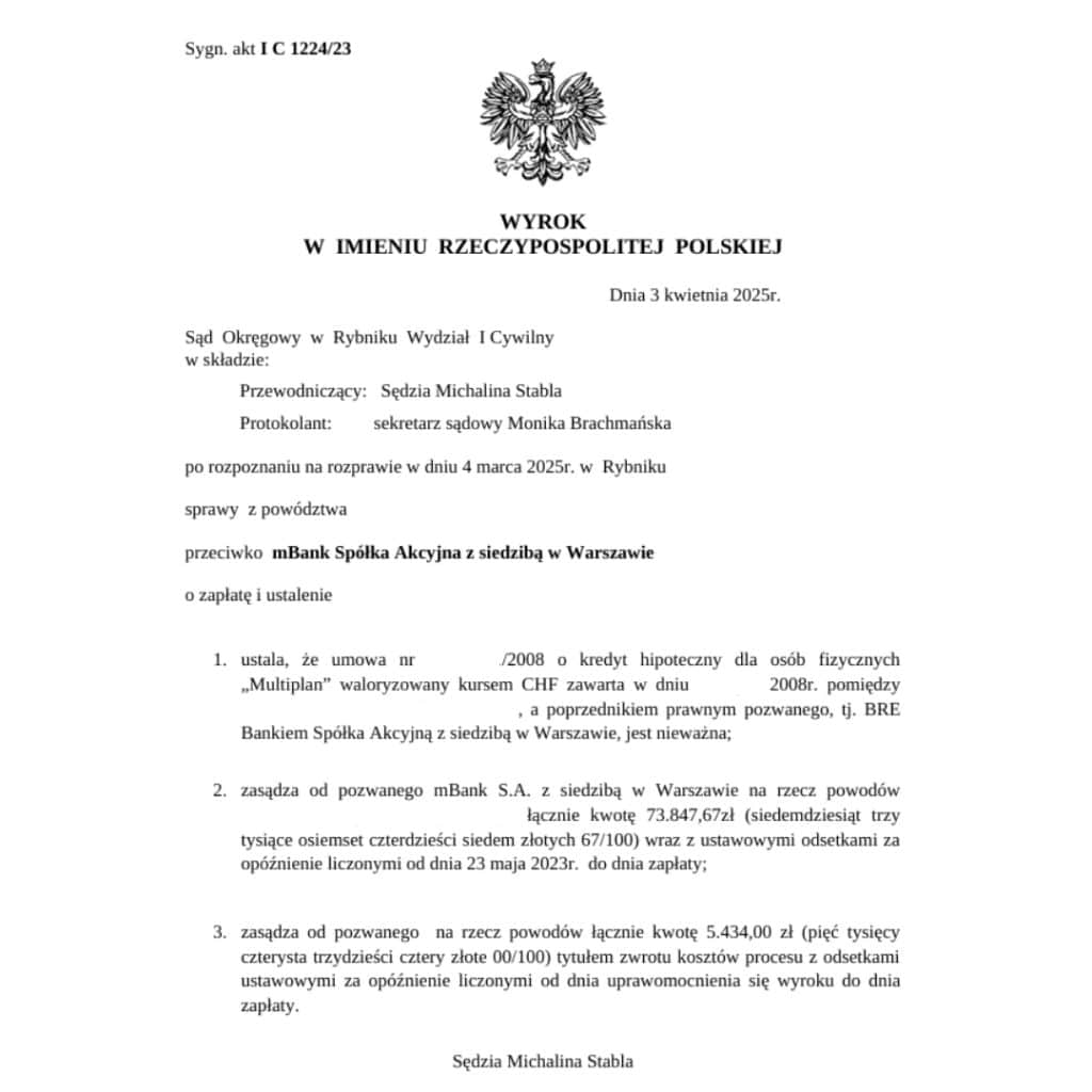 Wyrok frankowy przeciwko mBank Sąd Okręgowy w Rybniku