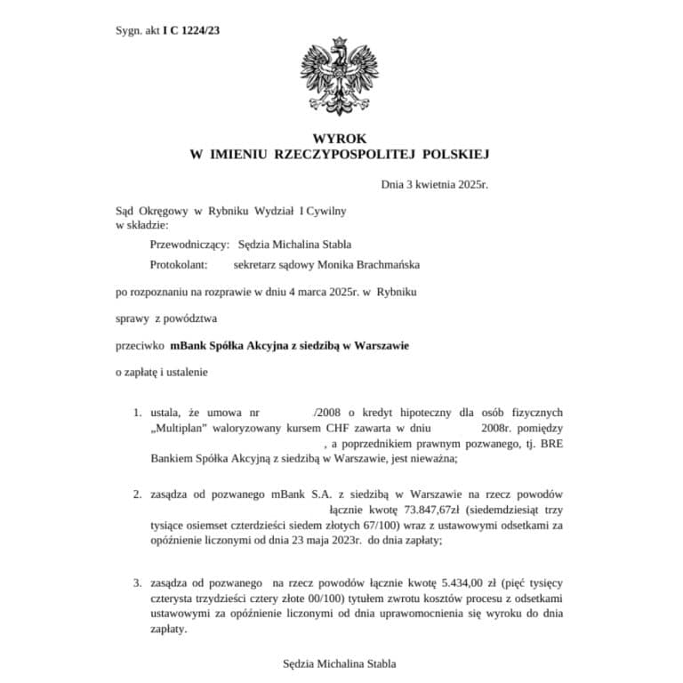 Wyrok frankowy przeciwko mBank Sąd Okręgowy w Rybniku
