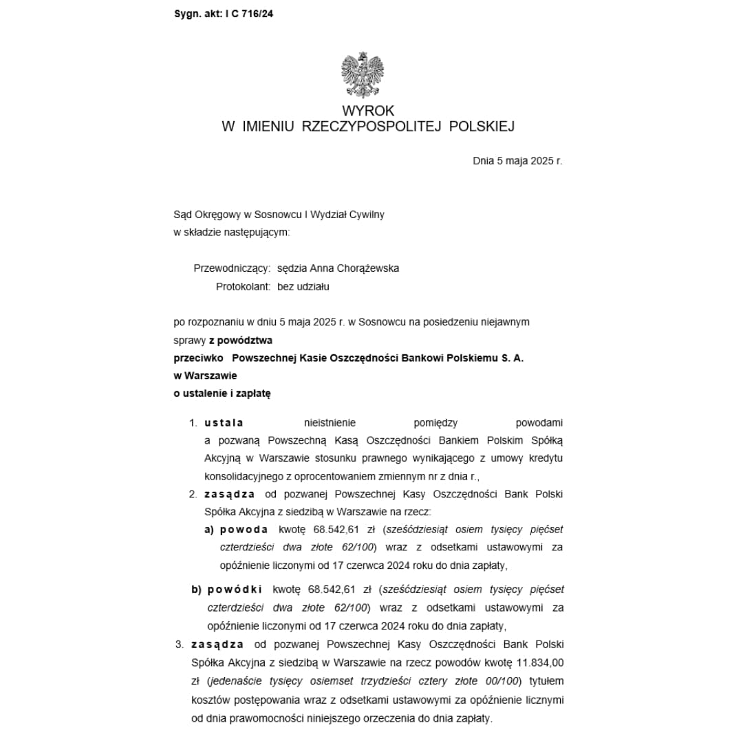 Wyrok unieważniający umowę kredytu w EURO Sąd Okręgowy w Sosnowcu