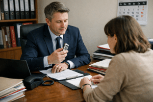 Konsultacja w kancelarii – prawnik i klient omawiają nagranie rozmowy telefonicznej, realistyczna scena w polskim biurze