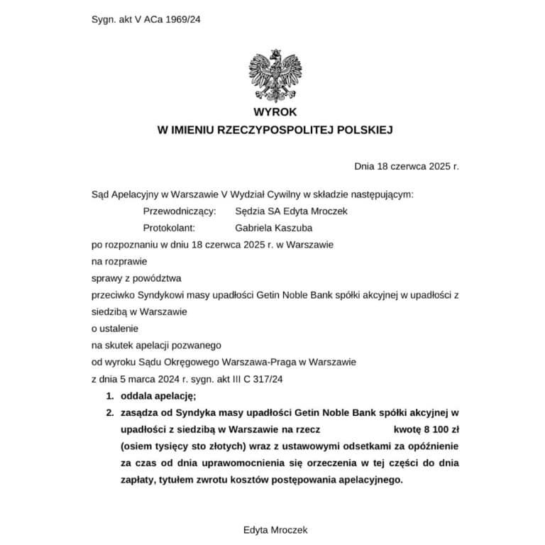 Wyrok frankowy Sądu Apelacyjnego w Warszawie przeciwko Syndykowi masy upadłości Getin Noble Bank