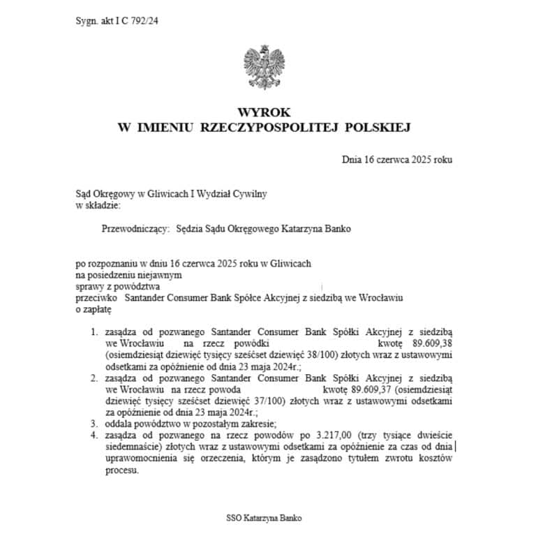 Wyrok frankowy Sądu Okręgowego w Gliwicach przeciwko Santander