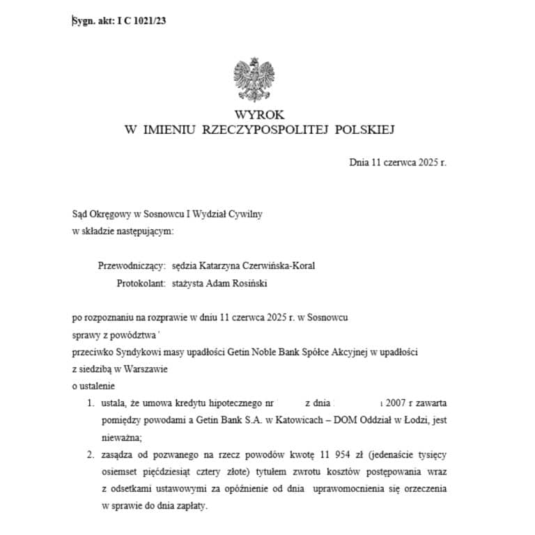 Wyrok frankowy Sądu Okręgowego w Sosnowcu przeciwko Syndykowi Getin Noble Bank