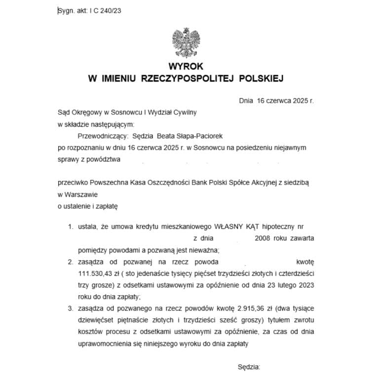 Wyrok frankowy przeciwko PKO BP - Sąd Okręgowy w Sosnowcu