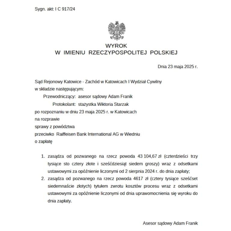 Wyrok frankowy przeciwko Raiffeisen Bank Sąd Rejonowy Katowice