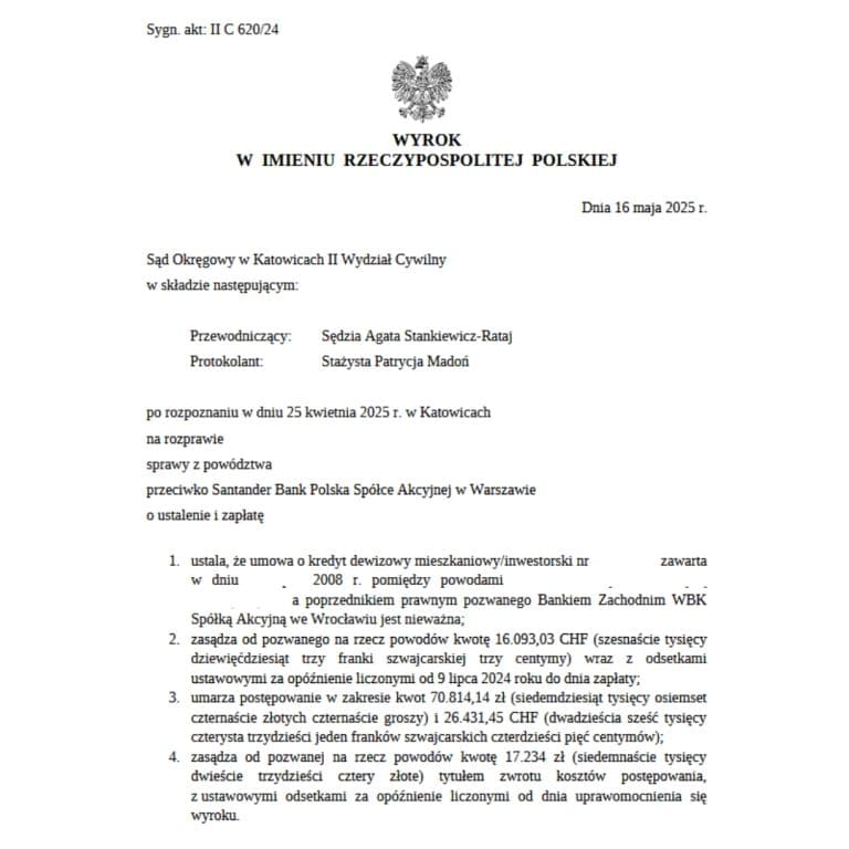 Wyrok frankowy przeciwko Santander Bank Polska Sąd Okręgowy w Katowicach