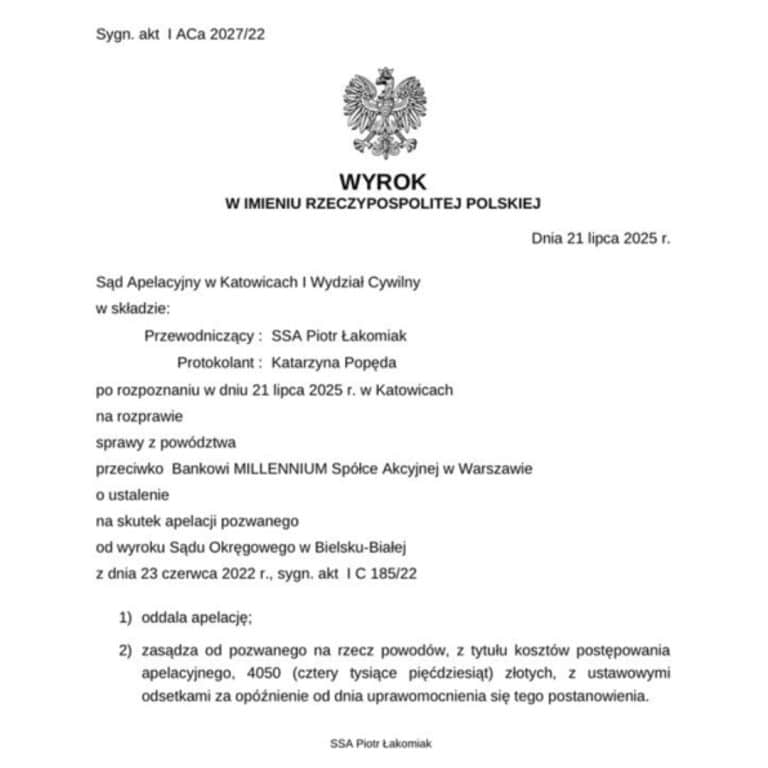Wyrok Sądu Apelacyjnego w Katowicach przeciwko Bank Millennium o unieważnienie umowy kredytu frankowego
