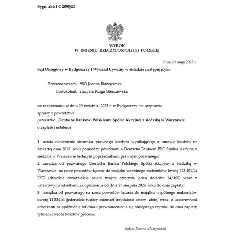 Wyrok Sądu Okręgowego w Bydgoszczy przeciwko Deutsche Bank - kredyt w USD