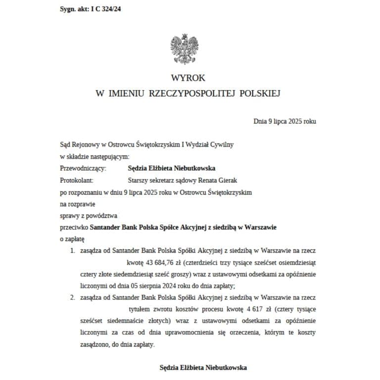Wyrok sankcja kredytu darmowego przeciwko Santander Sąd Rejonowy w Ostrowcu Świętokrzyskim